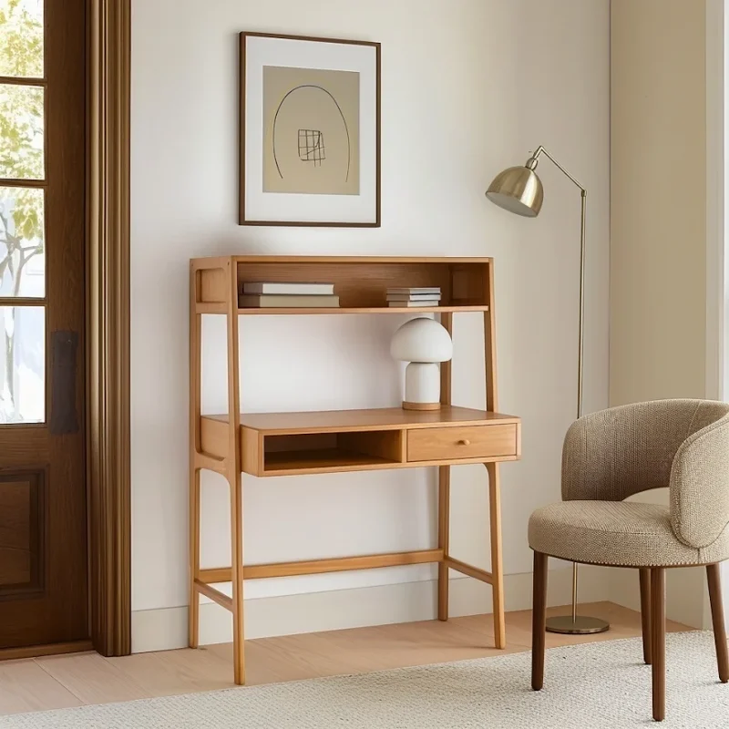 Compact Mid Century Desk with Shelf and Drawer for Home Office