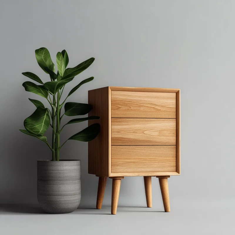 Mid Century Nightstand With Three Drawers And Raised Legs