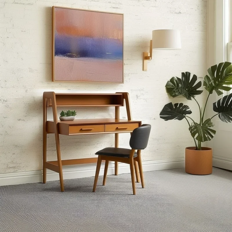 Mid Century Writing Desk With Two Drawers And Open Shelf