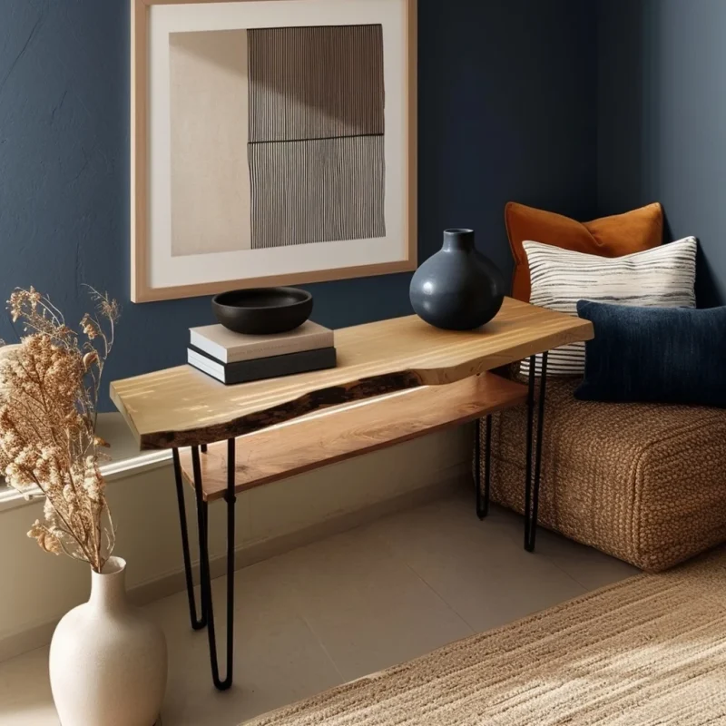 Contemporary Console Table With Wooden Shelf And Metal Base