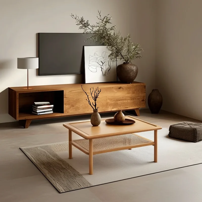 Minimalist Coffee Table With Lower Cane Shelf Design